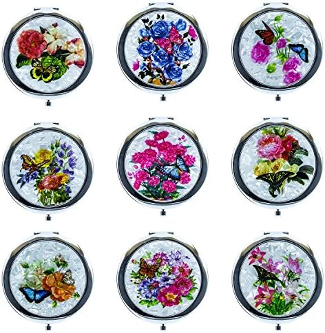Ladies Premium Cosmetic Compact Mirror Flower Pattern (6 Pack Mix Bundle) (6 Pack)