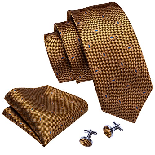 Barry.Wang Men Ties Paisley Woven Silk Necktie Set with Pocket Suqare Cufflinks Formal (Orange 5047)