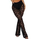Women Sexy Black Lace Flare Pants See Through Sheer Mesh Floral High Waist Party Club Pants (No Underwear)