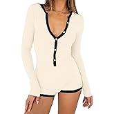 INFITTY Rompers for Women Long Sleeve Jumpsuit V Neck Onesie Pajamas Sexy Ribbed Button Down Sleepwear