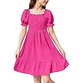BesserBay Girls Summer Ruffle Square Neck Smocked Midi Dress Puff Sleeve Flowy Sundress 4-14 Years