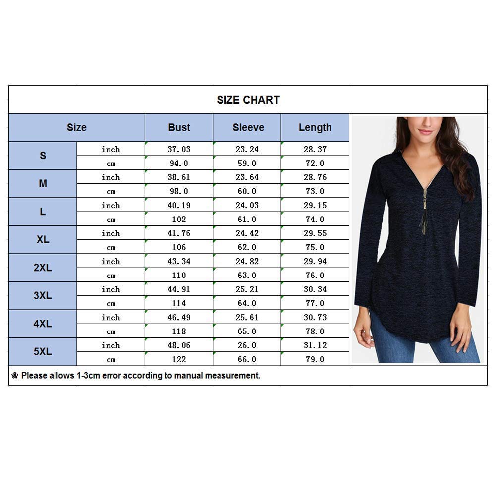 WUGO Women\'s Sexy Deep V Neck Zip UP Long Sleeve Tops Loose Casual T Shirt Tunic Blouses (XXL, Black)