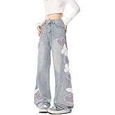 Hugboom Cute Jeans Y2k for Women Teen Girls Embroidered Heart Butterfly Pants Straight Streetwear Clothing Blue (L), Large