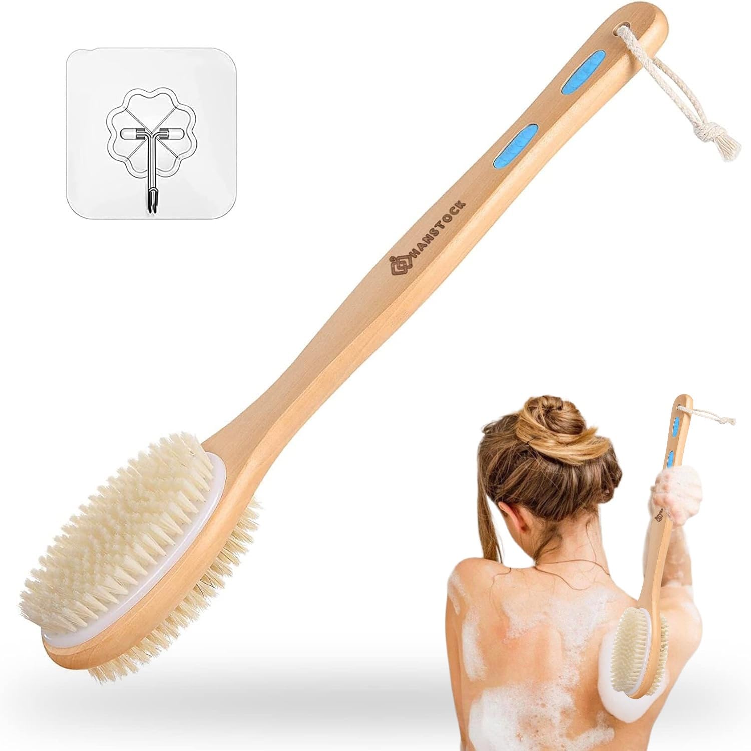 Hanstock Back Scrubber, 43cm Long Wooden Double-Sided Shower Body Brush with Soft Bristles For Sensitive Skin and Stiff Bristles for Exfoliating Skin
