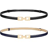 WERFORU 2 Pack Women Skinny Belt Thin Waist Belt for Pants Leather Belt with Gold Buckle for Jeans Dress,0.6" width