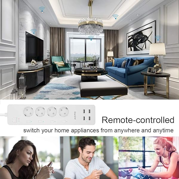 AOFO Enchufe Mltiple Inteligente WiFi Multi Socket con Protector contra Sobretensiones Control Remoto 4 AC Clavijas Independientes 4 USB Regleta Enchufes Compatible con Alexa Google Home IFTTT
