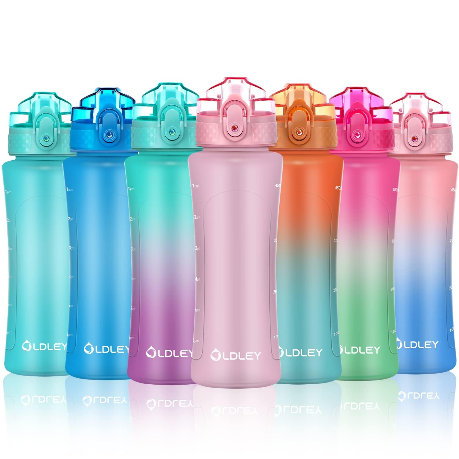 OLDLEY 450ml/15oz Water Bottle with Straw Reusable Drink Bottles with Times Markings for School Home Camping Outdoor Sports BPA Free Leakproof Durable