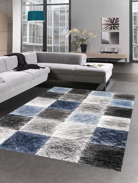 Carpetia Tapis Moderne Tapis De Salon Karo Bleu Gris Noir