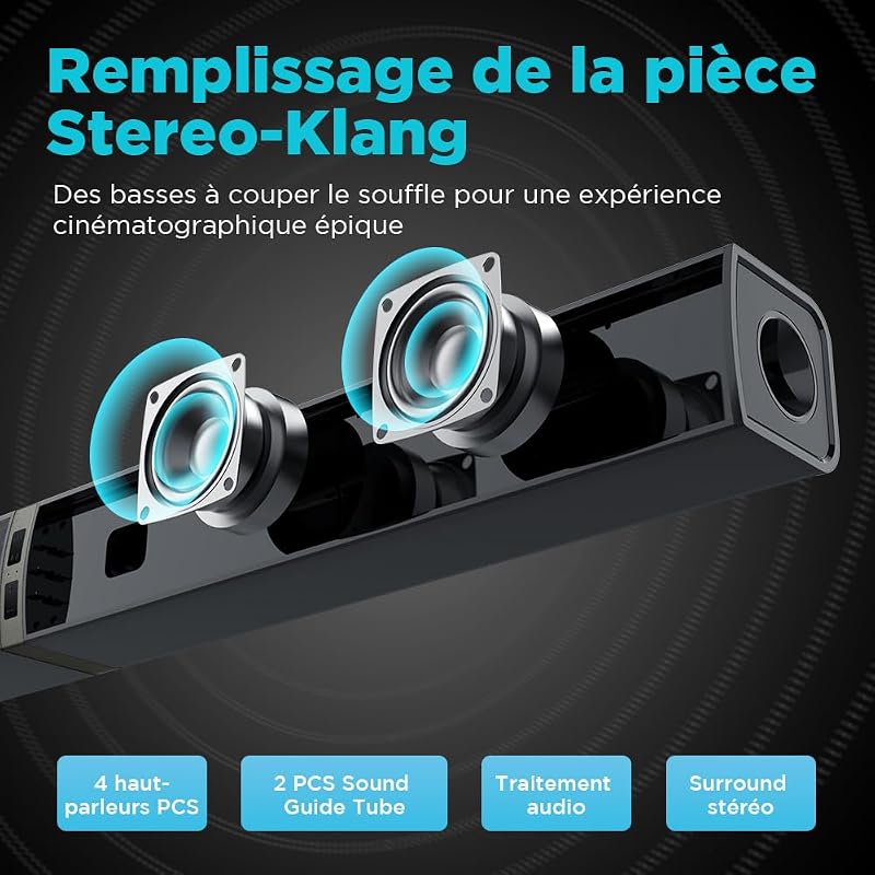 Barre de Son 2.0 canaux pour téléviseurs, Barre de Son 2 en 1 Divisible 32 Pouces pour TV Barre de Son Bluetooth avec 3 Modes EQ et Son Surround 3D, Barres de Son Arc/Optique/AUX, 1pcs — photo 4 sur 8