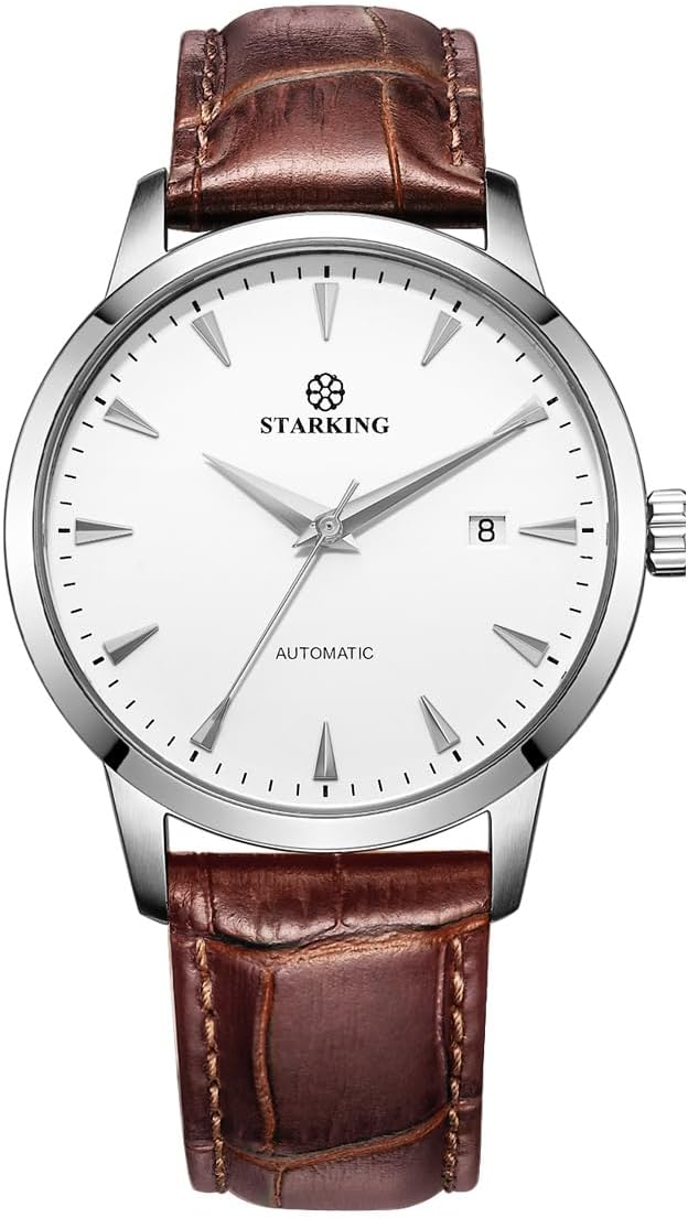 STARKING AM0184 Automatic Watch of Dress Watches, Skeleton Case Back, Fashion Business Watches for Mens, 5ATM Waterproof, Leather Watch, Auto Date, Brown