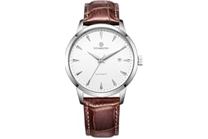 AM0184 Dress Automatic Watches for Men, Skeleton Case Back, Fashion Business Men's Wrist Watches with Date, 5ATM Waterproof, Stainless Steel, Luxury Leather Watch, Big Face of Analog Watch, Brown