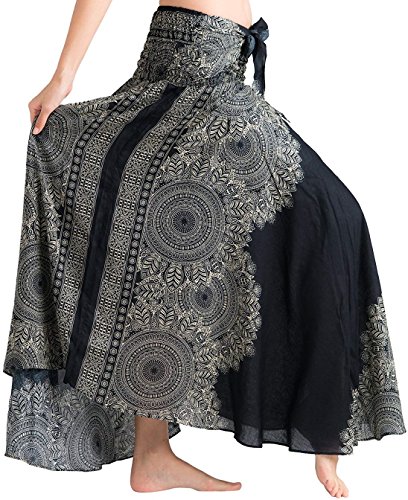 vvProud Women's Long Hippie Bohemian Skirt Gypsy Dress Boho Clothes with Flowers | One Size Fits Asymmetric Hem Design (Black Rose)