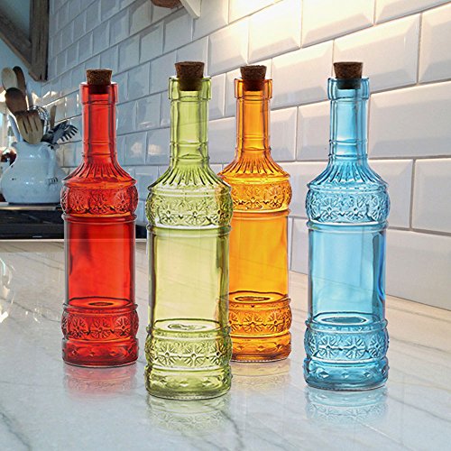 Colored Glass Bottles, Set of 4 Old Fashioned, Vintage with Cork