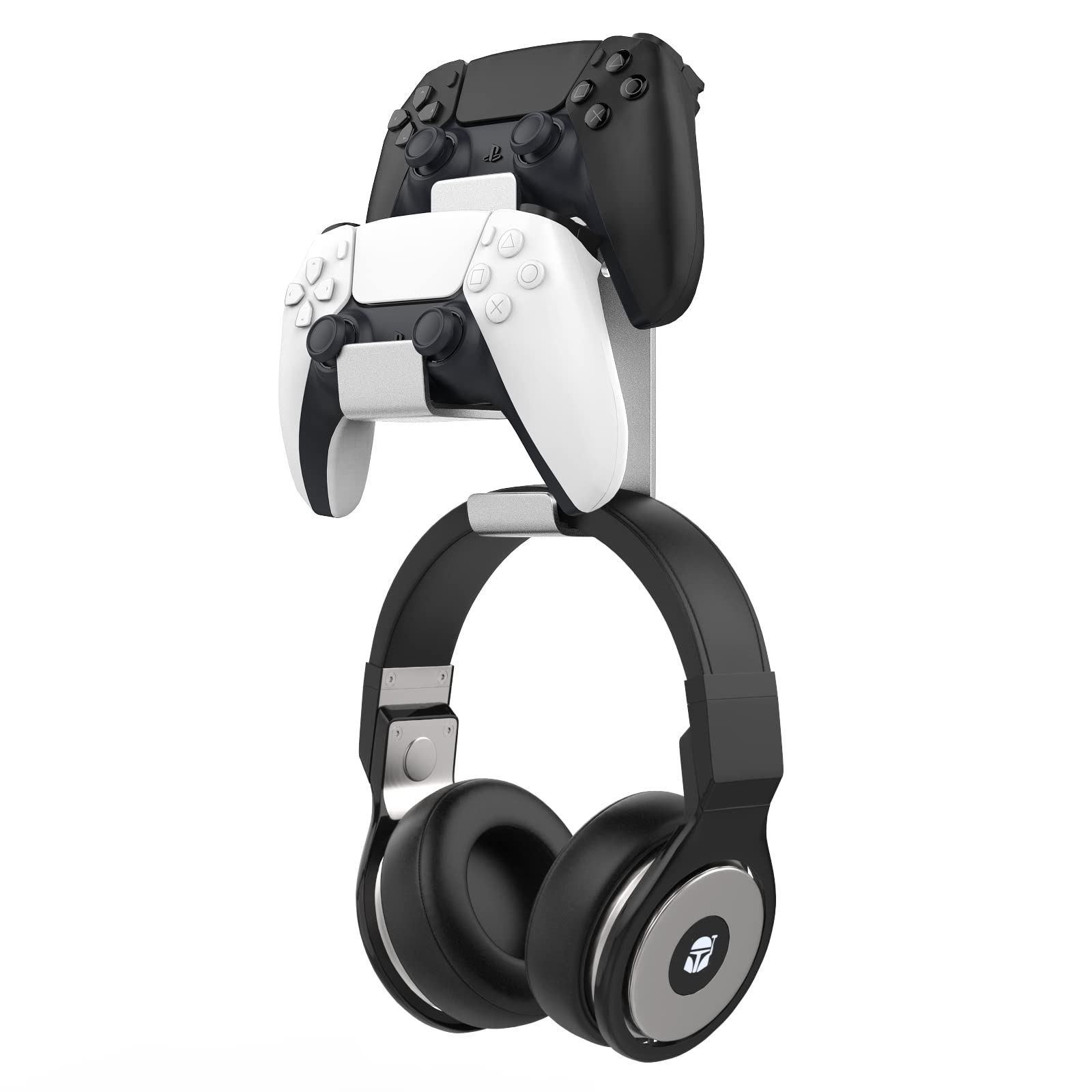 MoKo Controller Holder Dual Gamepad Controller & Headphone Hanger Compatible with Xbox One, Xbox 360, PS3, PS4, PS5, PC, STEAM, Switch/Switch 2, Wall Mount Stand for All Universal Headsets, Silver