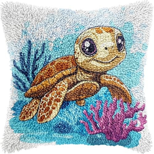 DIY Latch Hook Kits Pillowcase Cartoon Sea Turtle Coral Crochet Yarn Pre-Printed Cushion Needlework Pillowcase Hook and Latch Kit Cushion Home Sofa Decoration 43x43cm(4)