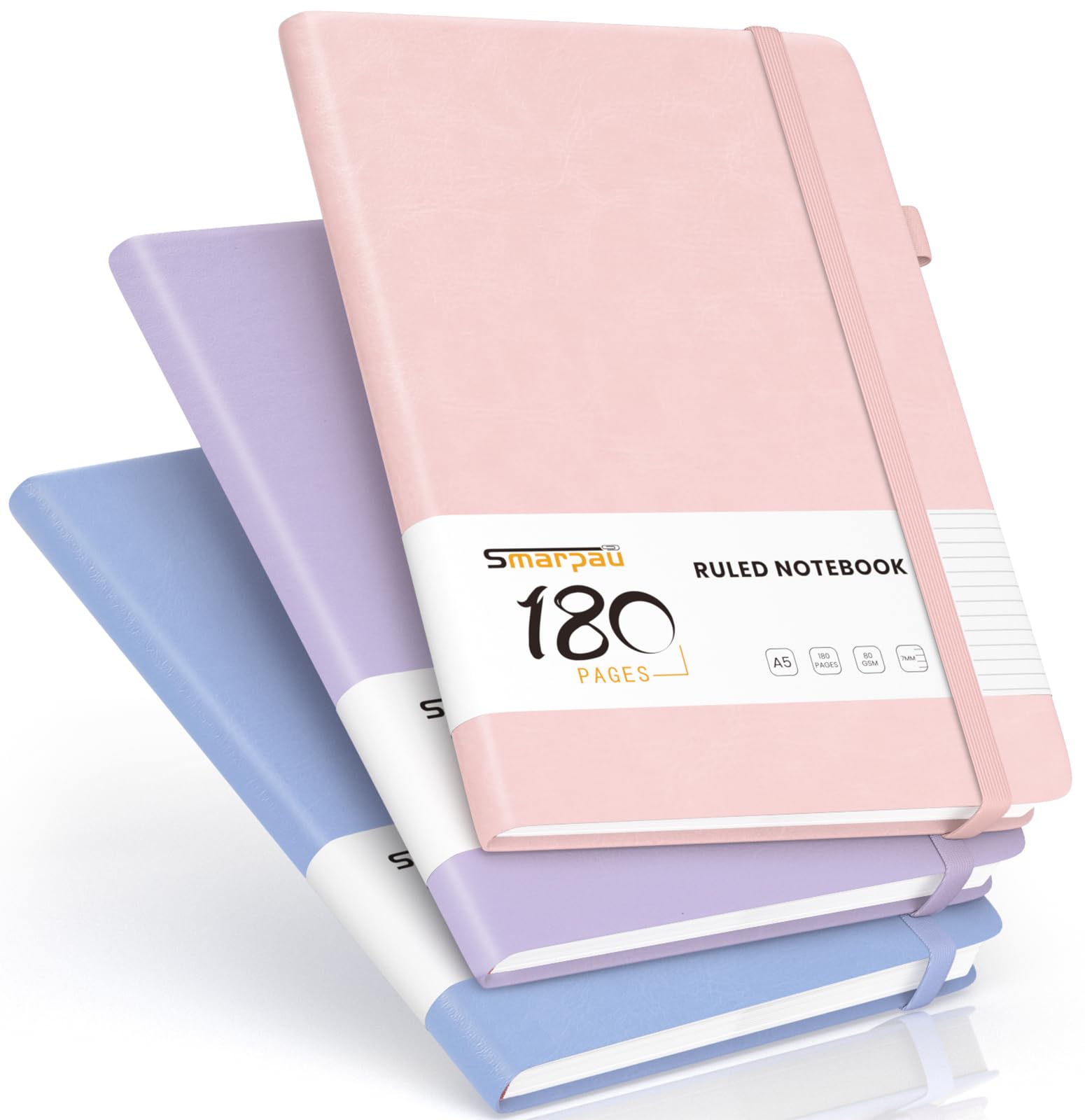 Smarpau A5 Notebooks 3 Pack, Leather Lined Journal with 540 Pages 100gsm Thick Paper, Hardcover College Ruled Notebook Journals for Women Writing Office School, 14.5 x 21cm - Pink Purple Blue