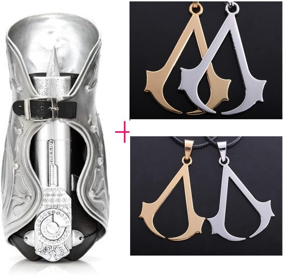 Atoy New Assassin's Creed 4 IV Silver Flag Ezio Auditore Pirate Hidden Blade Gauntlet Cosplay Hidden Blade + Assassin's Creed Gold & Silver Necklace + 1pcs Wristband