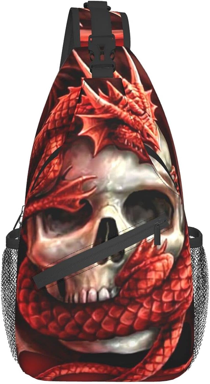 Red Dragon And Skull Crossbody Sling Backpack Fashion Sling Bag Travel
