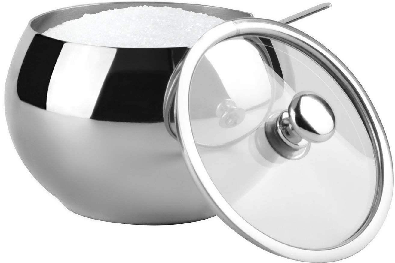 Stainless Steel Sugar Bowl with Clear Lid and Sugar Spoon Dishwasher