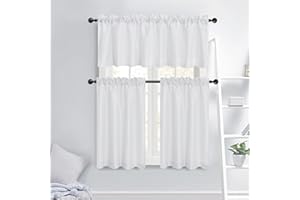 WPM WORLD PRODUCTS MART Faux Silk Kitchen Valance Set - 36 Inch Tier Cafe Rod Pocket Valances for Living Room, Bedroom, Bathroom - Farmhouse Rustic Country Window Curtains 3 Piece Set (White)