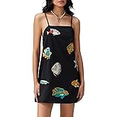 Baloco Women's Black Spaghetti Strap Short Dress with Colorful Fish Embroidery Casual Summer Sleeveless Mini Dresses