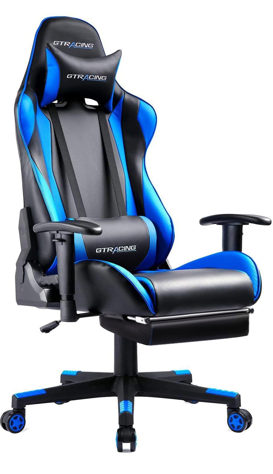 GTRacing ゲーミングチェア オフィスチェア デスクチェア ゲーム用チェア リクライニング パソコンチェア ハイバック ヘッドレスト ランバーサポート ひじ掛け付き 高さ調整機能 PUレザー オットマン付き ブルー (GT002F-BLUE)商品画像