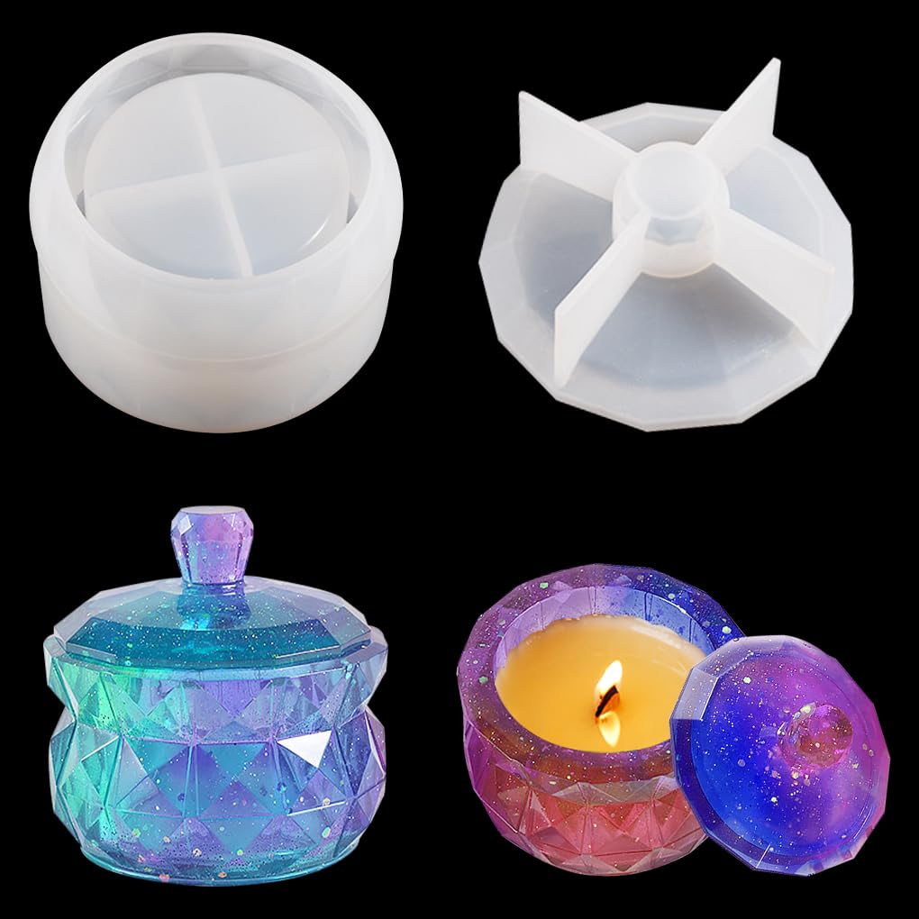 FineInno Jar Resin Mould Diamond Silicone Mold with Lid for Epoxy Resin Casting Storage Box Candle Holder Candy Container Craft Bottle Flower Pot