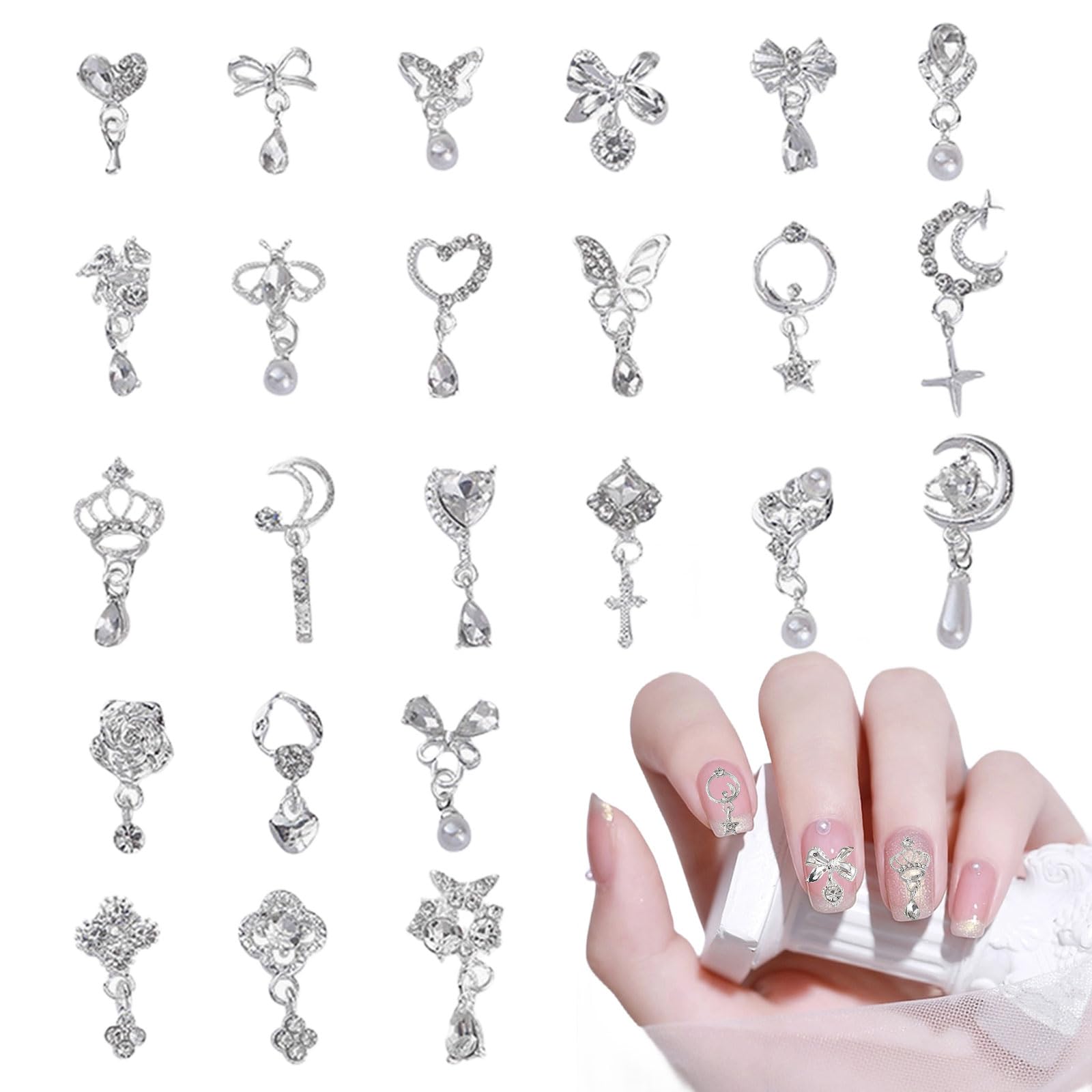 Dangle Nail Charms,24PCS Luxury Heart Flower Moon Butterfly Pearl Bow Nail Gems,3D Silver Alloy Metal Nail Rhinestones and Gems Nail Jewelry for Nail Art Design Decoration (Silver) — image 1