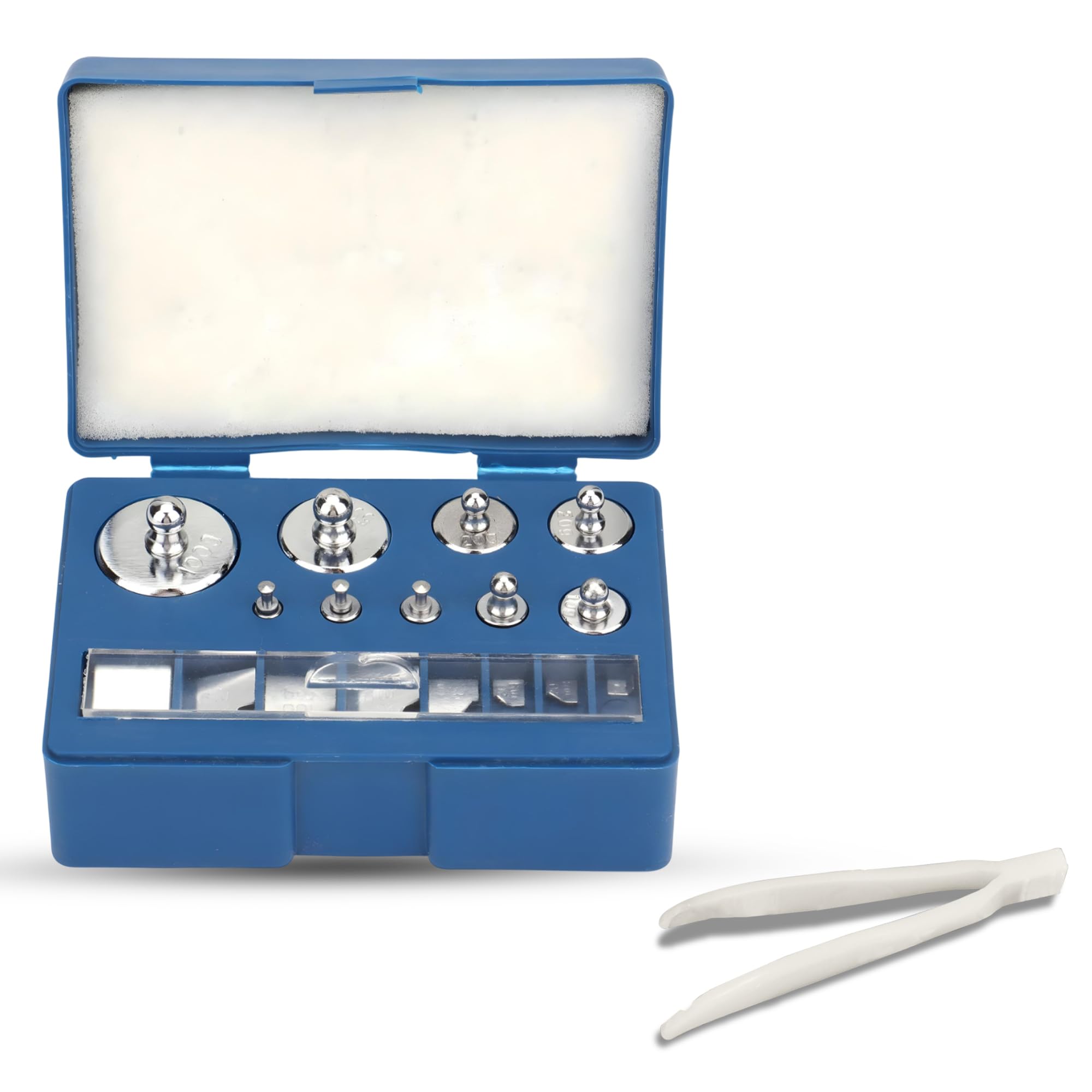 Trimming Shop Box of 17-piece, 200 grams Calibration Weight Set with Tweezers, Chrome Plated Stainless Steel Weights for Precision Calibration on Digital and Pocket Scales for Jewelry