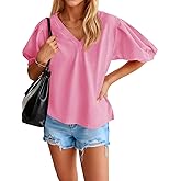 Tankaneo Womens Short Puff Sleeve T-Shirts V Neck Summer Casual Tops Loose Fit Cotton Blouse Tees Shirts
