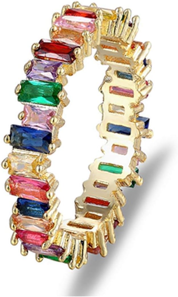 Oudiy Thin Baguette Rainbow Cz Gold Ring for Women Engagement Wedding Band Charm Jewelry