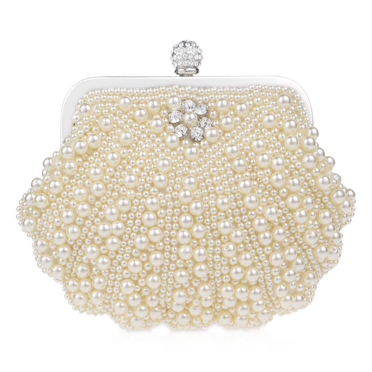 NICOLE & DORIS Women Handbags Diamond Round Clutch Pearl Bag Small Purse Cross Body Shoulder Bag Wedding Party Evening Chain Bag Beige