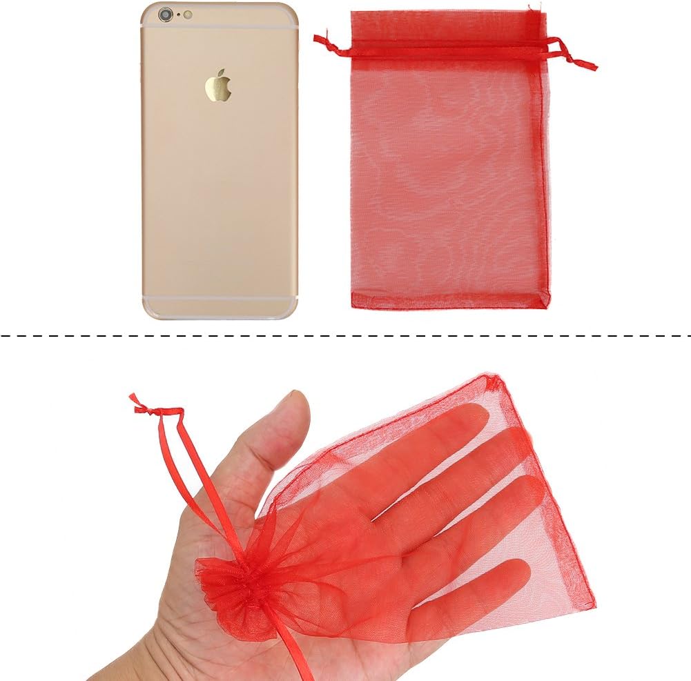 Red Organza Favour Bags 100pcs, 10 x 15cm Organza Gift Pouches Jewellery Drawstring Bags for Holiday Party Favor - Image 3