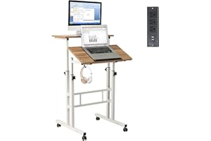 Hadulcet Mobile Standing Desk with Charging Station, Adjustable Standing Computer Desk, Standing Adjustable Laptop Cart with Wheels for Home Office Classroom Vintage Oak