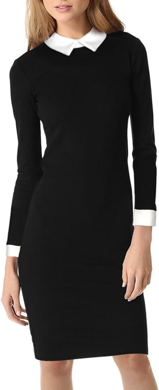 Sunblume Women's Contrast Color Formal Long Sleeve Business Office Pencil Dress