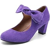 LIURUIJIA Women's Bow Mary Janes Block Heel Pumps Round Toe Ankle Strap Wedding Evening Party Dress Shoes