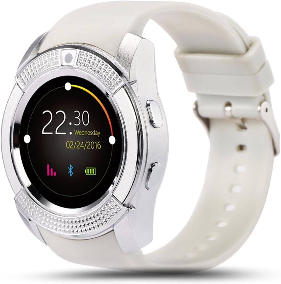 SinoPro V8 Smart Watch, Sports Fitness Tracker Bluetooth Wrist Watch with SIM Card and TF Card Slot Camera Message Notification Sleep Monitor Compatible with iPhone Samsung HTC Sony Huawei and other Android Smartphone (White)