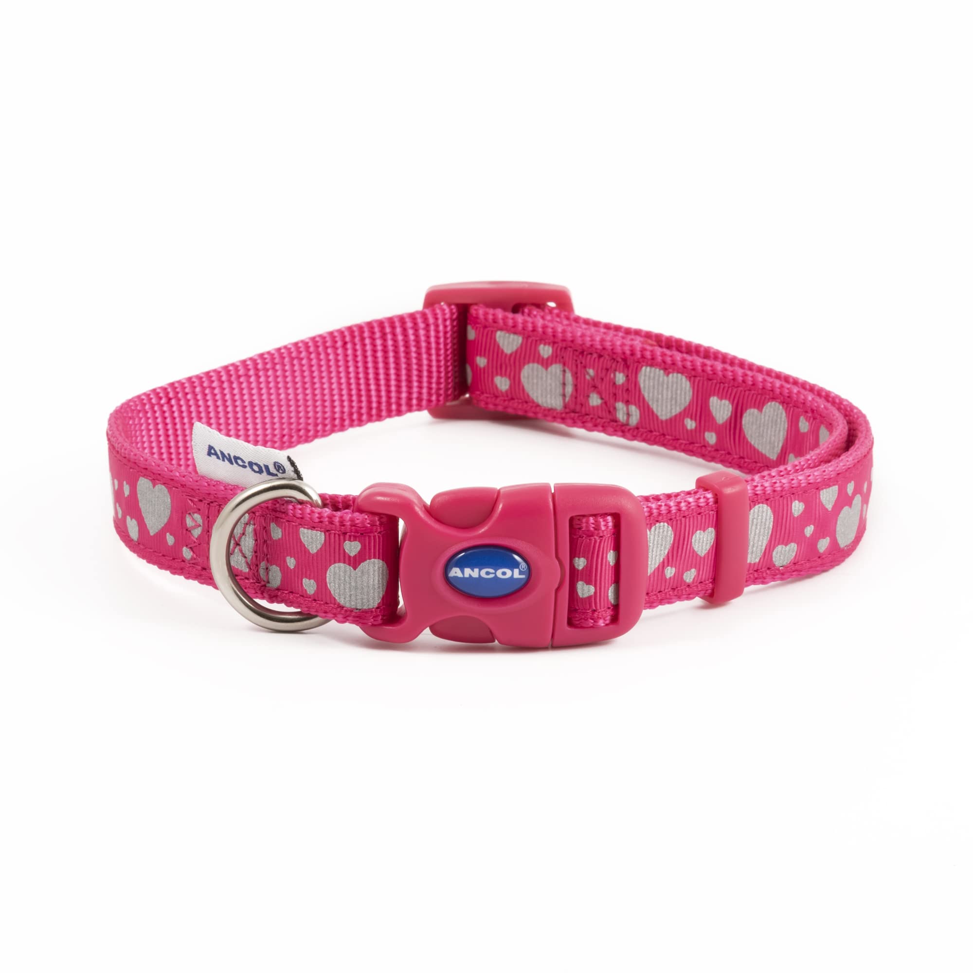 Ancol Fashion Collar Pink Reflective Hearts Adjustable Nylon Dog Collar for Puppies and Pets - Reflective Heart Design with Snap Buckle Fastening - Size 30-50cm