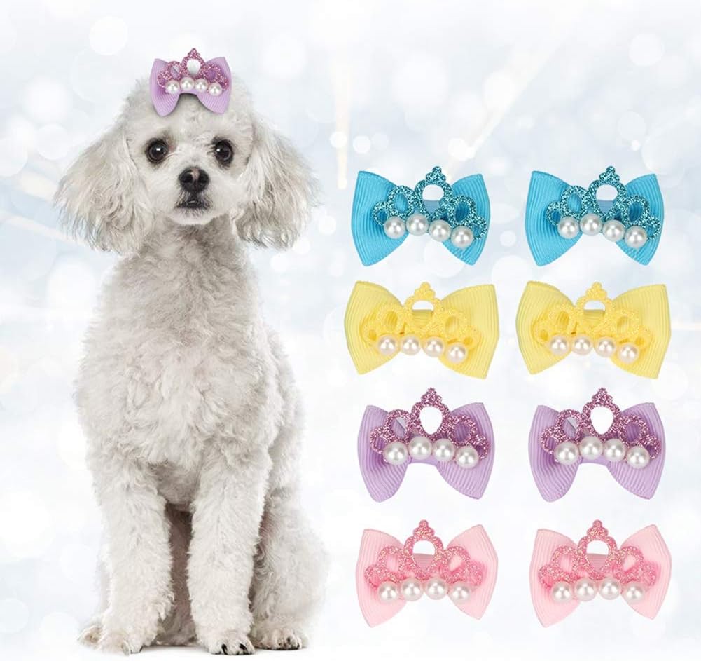 20pcs Cute Puppy Dog Small Bowknot Hair Bows with Rubber Bands & Pearls & Handmade Lace Fabric,Handmade Hair Accessories Bow Pet Grooming Products-Cat Puppy Yorkshire Grooming Hair Accessories - Image 4