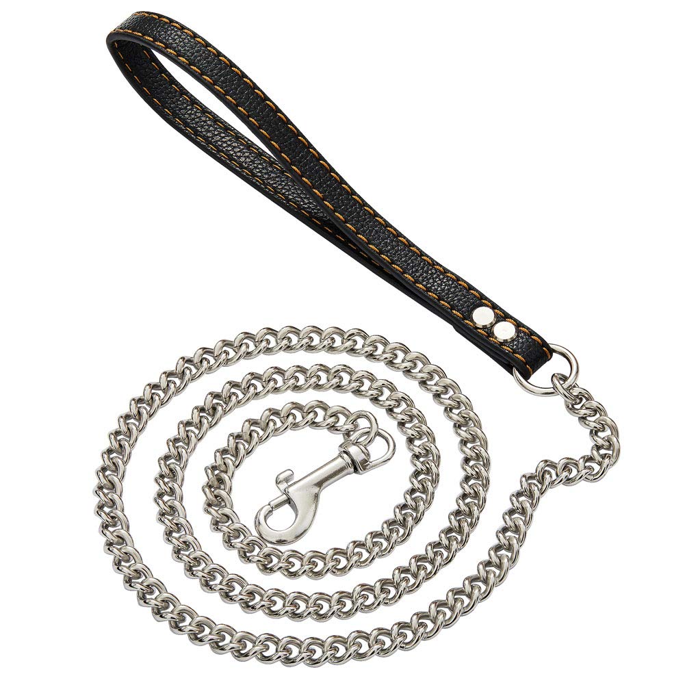 4.3 FT Silver Chain Dog Leashes with Comfortable Padded Traffic Handle for Small Medium Large Breed Dogs Walking Lead, Heavy Duty Strong Durable No Pull Dog Training Pet Leash for Dogs