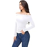 Women's Casual Long Sleeve Ruched Waist Boat Neck Off Shoulder Going Out Tops Plus Size Tight Shirts