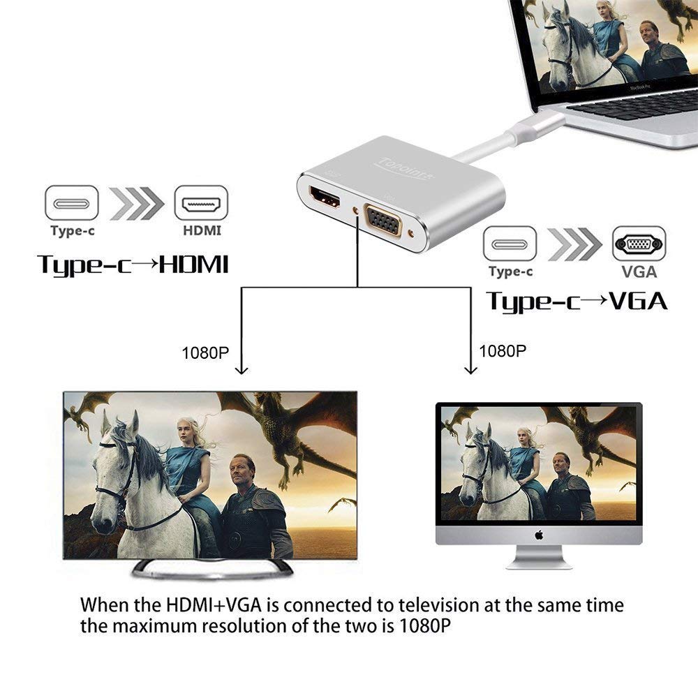 USB C to HDMI VGA Adapter, Topoint 2 in 1 USB 3.1 Type C to VGA HDMI 4K UHD Converter Adaptor Dual screen display with Aluminium Case for 2017/2016 MacBook Pro/Chromebook Pixel/Samsung Galaxy S8 S8+