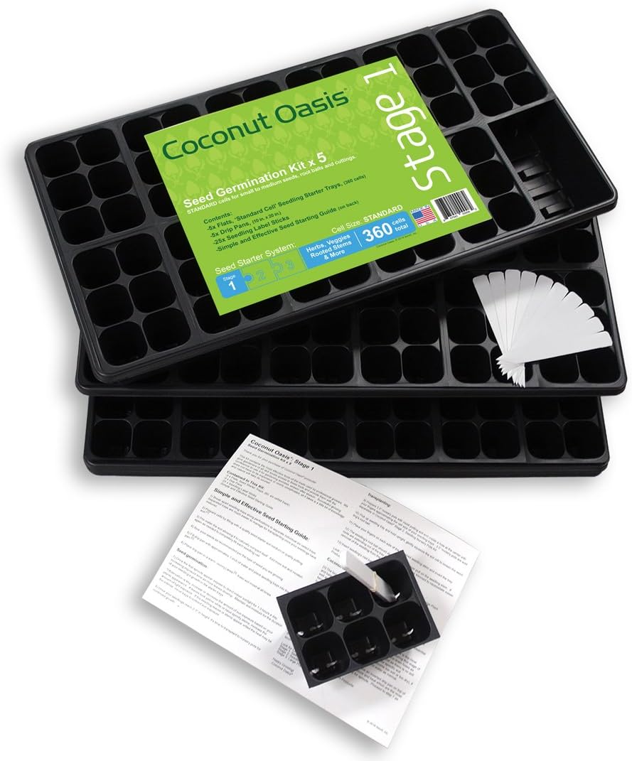 5-Pack Self Watering Seed Germination Kits: 5 Drip Pans & 5 Seedling Tray Flats (72 Cells per Flat, 360 Cells Total) + 25 Plant Tags by Coconut Oasis Stage 1 Greenhouse Products