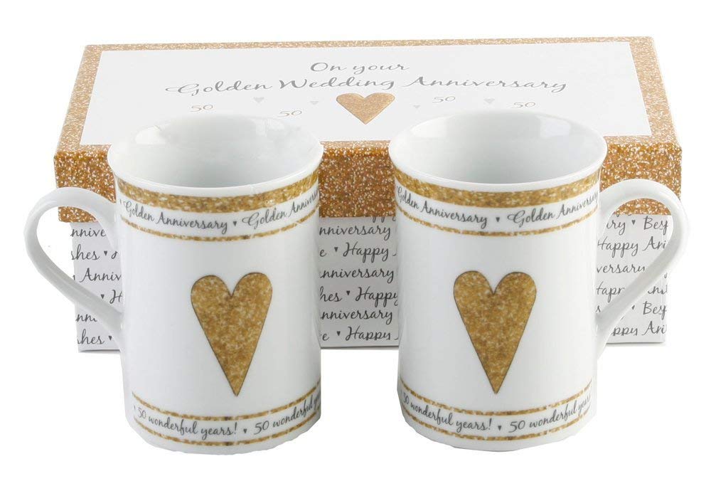 Haysom Interiors Beautifully Designed 50th Golden Wedding Anniversary Set of Ceramic Mugs with Hearts | Dishwasher and Microwave Safe with Decorative Keepsake Box by Happy Homewares