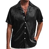 TUNEVUSE Men Satin Shirt Shiny Short Sleeve Floral Button Down Jacquard Dress Summer Solid Shirt Tops S-5XL