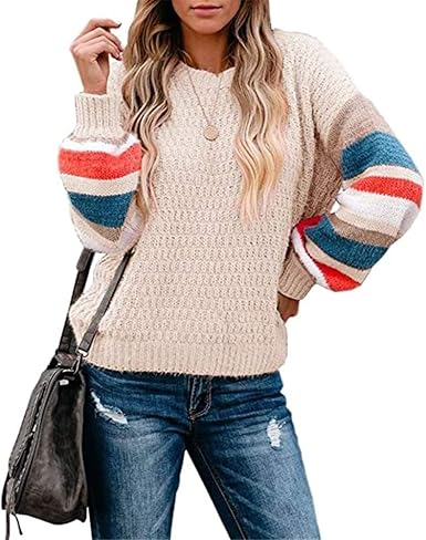 ZFQQ Herbst- und Winter-Damenstrickpullover Mehrfarbig gestreifter