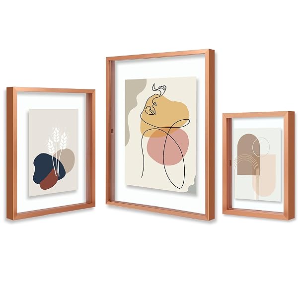 GOLDEN STATE ART, 7 PACK FLOATING FRAMES FOR ONE 11X14, TWO 8X10, AND FOUR 5X7 PICTURES. ALUMINUM PHOTOS FRAME FOR WALL DISPLAY (ROSE GOLD)