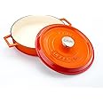 LAVA 3.7 Quart Enameled Cast Iron Braiser: Multipurpose Stylish Orange Round Dutch Oven Pot with Glossy Sand-Colored Three Layers of Enamel Coated Interior and Trendy Lid