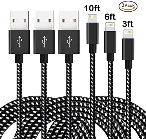 Lightning Cable 3Pack 3FT 6FT 10FT Nylon Charging Cable USB iPhone Charger Cord for iPhone X/8/8Plus/7/7 Plus/6/6Plus/6s/6sPlus/5/5c/5s/SE/IPad/iPod/Min and More-Black