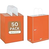 JET PAPER BAGS - 10”x5”x12” Inch [50 Pcs] Medium Gift Bags with Handles Bulk Prime Kraft Bags for Gifts, Grocery, Goody, Retail, Party, Weddings - Kraft Paper Gift Bags (Orange 50 PCS Count)